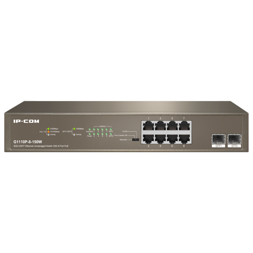 A doua imagine aSwitch 8 porturi PoE+ Gigabit, 2 porturi SFP Gigabit, 130W, 1U - IP-COM G1110P-8-150W