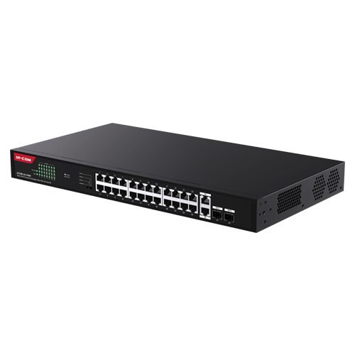 A doua imagine aSwitch 24 porturi Gigabit PoE, 2 x RJ45 Uplink Gigabit, 2 x SFP Gigabit, 1U - IP-COM G1128P-24-410W