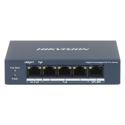 A doua imagine aSwitch 3 porturi PoE 1G, 1 port Hi-PoE 1G, 1 port RJ45 1G - HIKVISION DS-3E0505HP-E